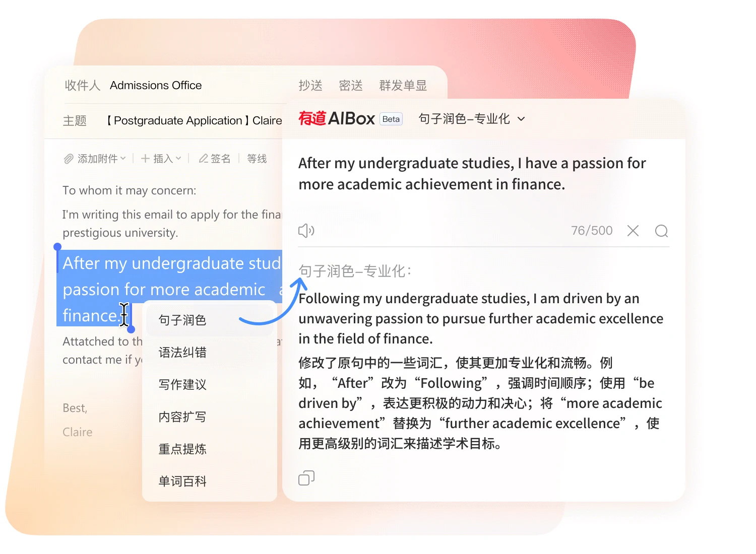 有道翻译桌面端功能界面，展示日常查词翻译功能导航